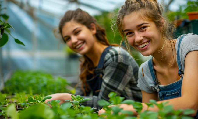students inside greenhouse